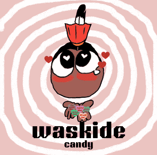 This image depicts a hand-drawn illustration of a Native American wearing a headdress and feather, holding out a handful of Valentine's heart-shaped candy, against a pink-and-white spiral background. The word, 'waskíde' appears below the drawing of the boy. The English translated word, 'candy' appears below the caption.