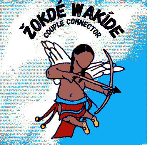 This image depicts a hand-drawn illustration of Cupid, but with the physical features of a Native American with dark-toned skin, moccasins, and long black braids. He is drawing an arrow back from his bow and flies against a sky background. The Quapaw phrase, 'žokdé wakíde' is spelled above his head, accompanied by its English translation, 'couple connector.'