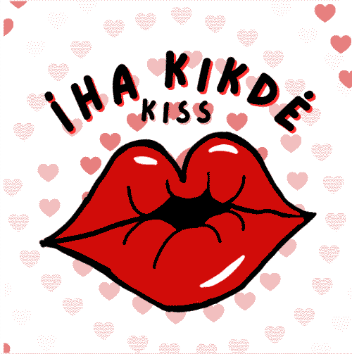 This image depicts a hand-drawn illustration of puckered, cartoonish red lips against a background of pale red hearts. The Quapaw words, 'íha kikdé' sit above the lips in a scrawly font with the English word, 'kiss' below them. 