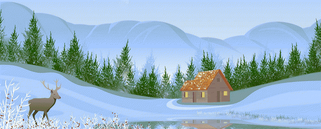 A pixelated image of a snowy winter scene that depicts a small log cabin and an elk in the foreground against a background of green coniferous trees and rounded mountains.